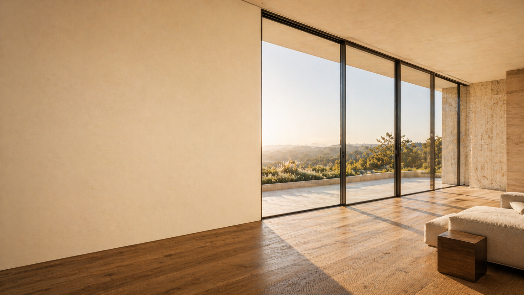 Панорамное остекление в современном интерьере — вид на сад через стеклянную стену