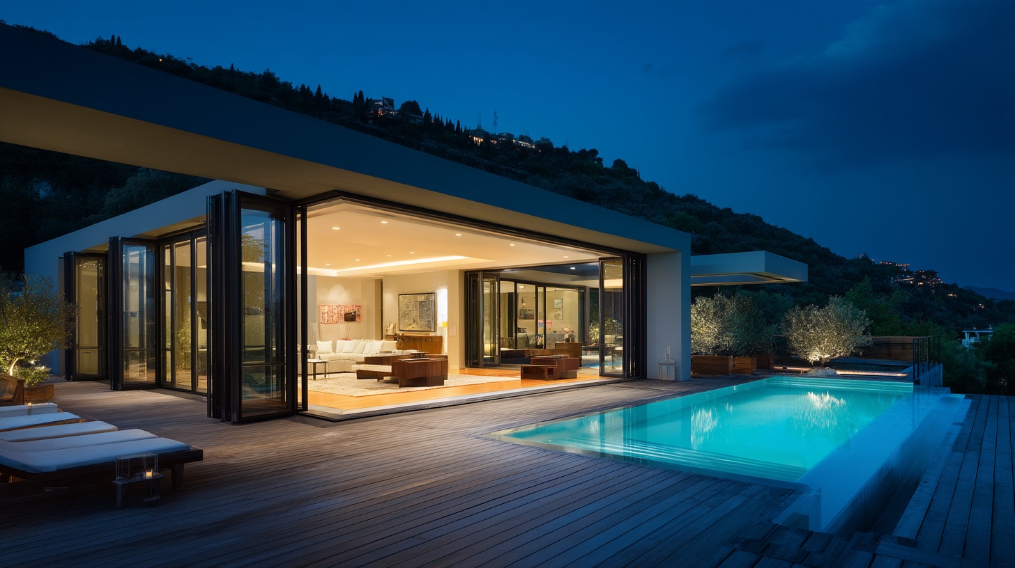 Терраса у бассейна с раздвижными порталами в вечернем освещении