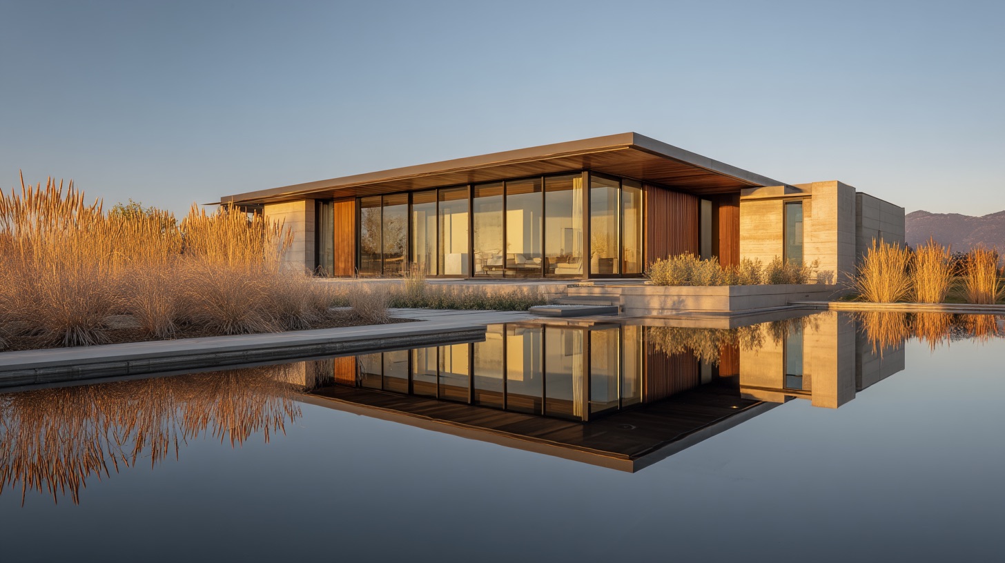 Минималистичный дом с фасадным остеклением и отражающим водоёмом