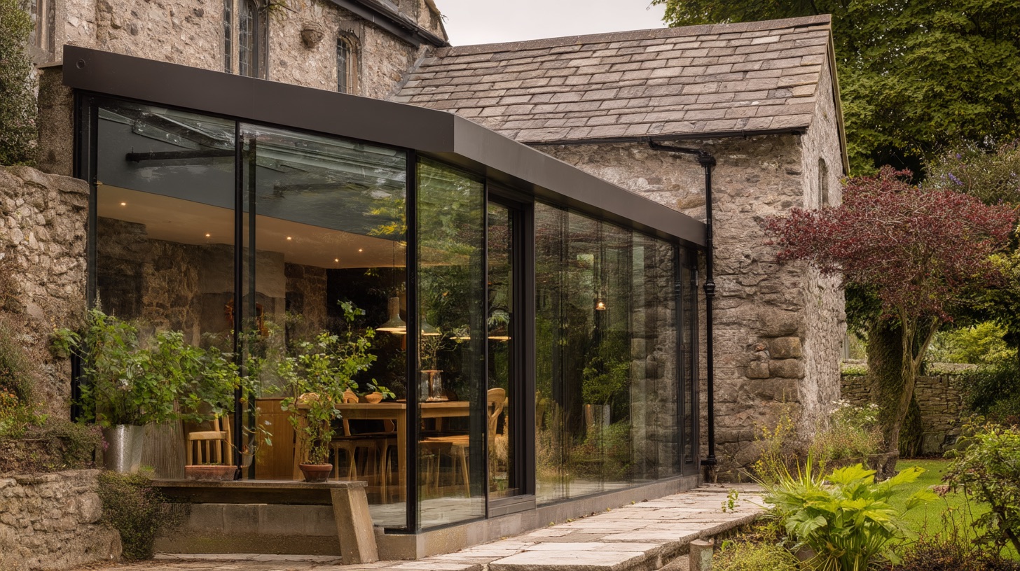 Зимний сад из стекла и алюминия, пристроенный к загородному дому