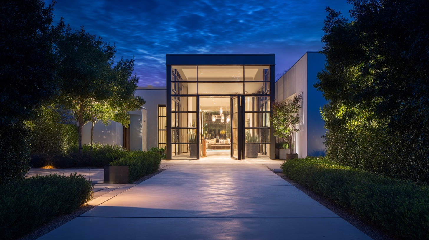 Стеклянная входная группа резиденции в синих сумерках